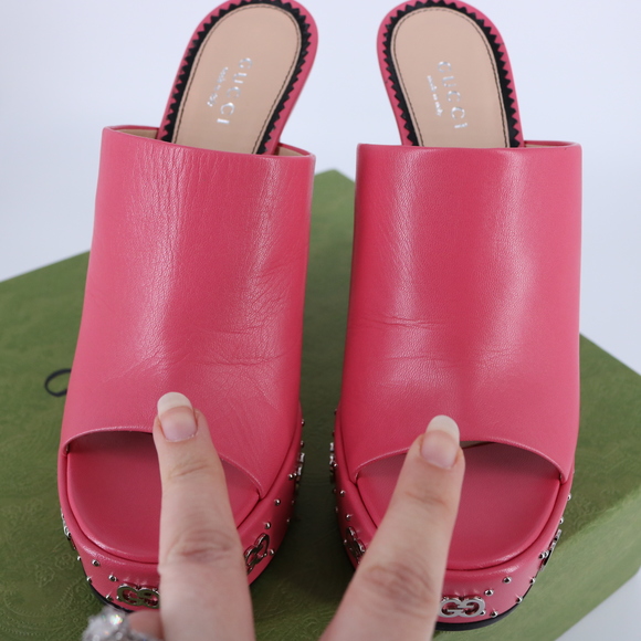 Gucci  37.5 Janaya Logo Studded pink GG Platform Heels Mules E800 - Picture 13 of 14